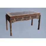 A Chinese bone and hardstone inlaid rectangular wooden table, 20th C.