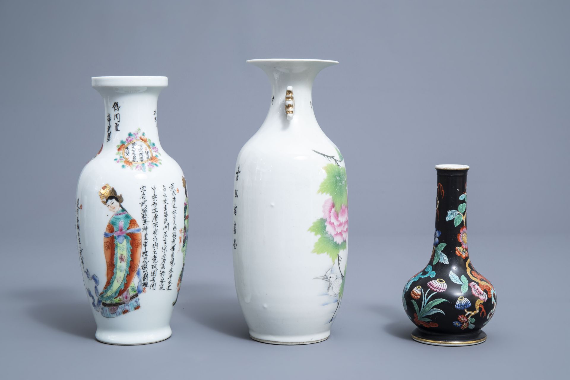 Three Chinese famille rose vases and a jar and cover with figures in a landscape, 19th/20th C. - Image 3 of 14