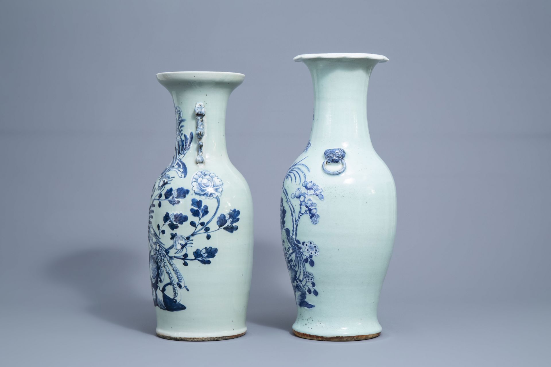 Two Chinese blue and white celadon vases with birds and phoenixes, 19th C. - Image 4 of 6