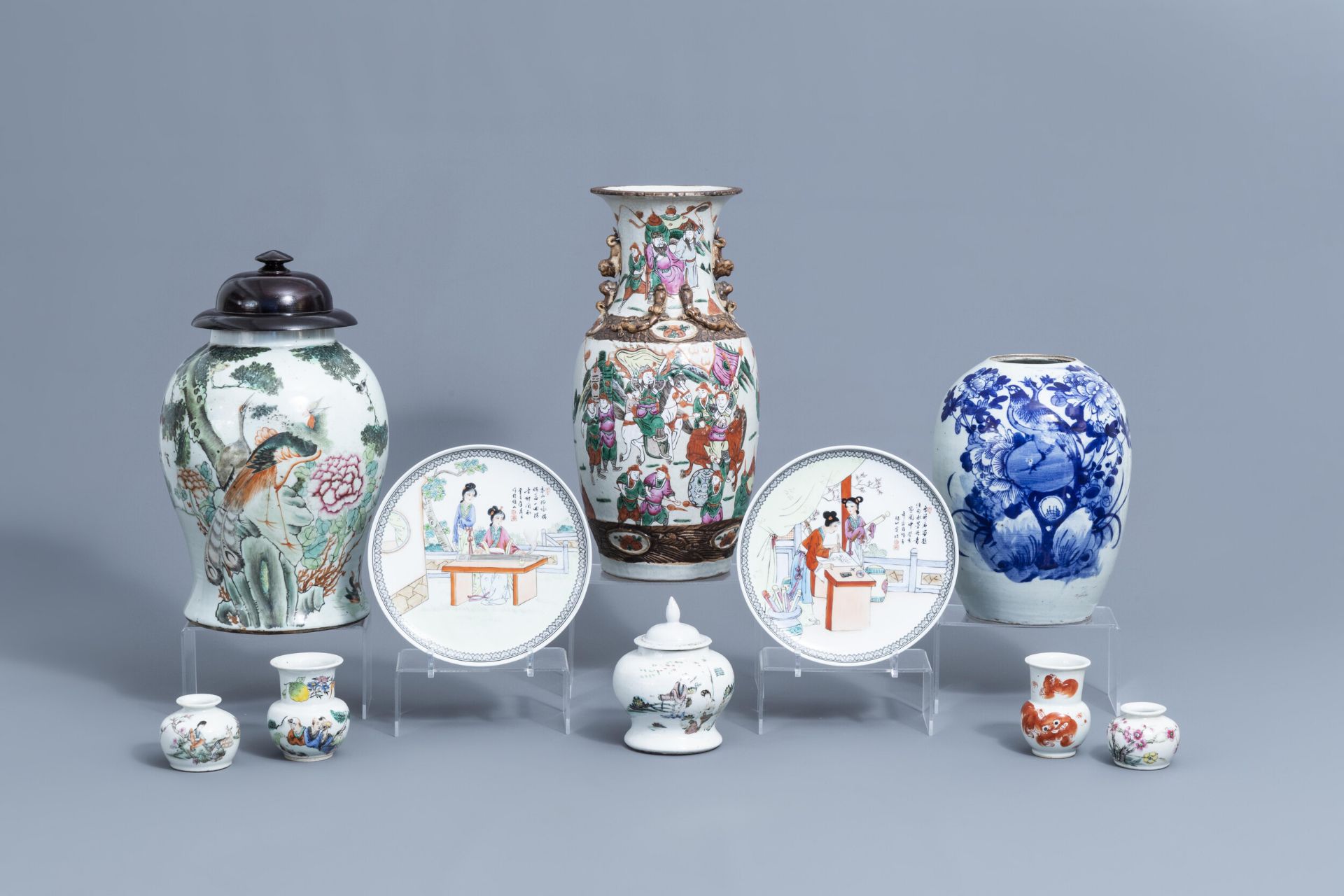 A varied collection of Chinese famille rose, iron red and blue and white porcelain, 19th/20th C.
