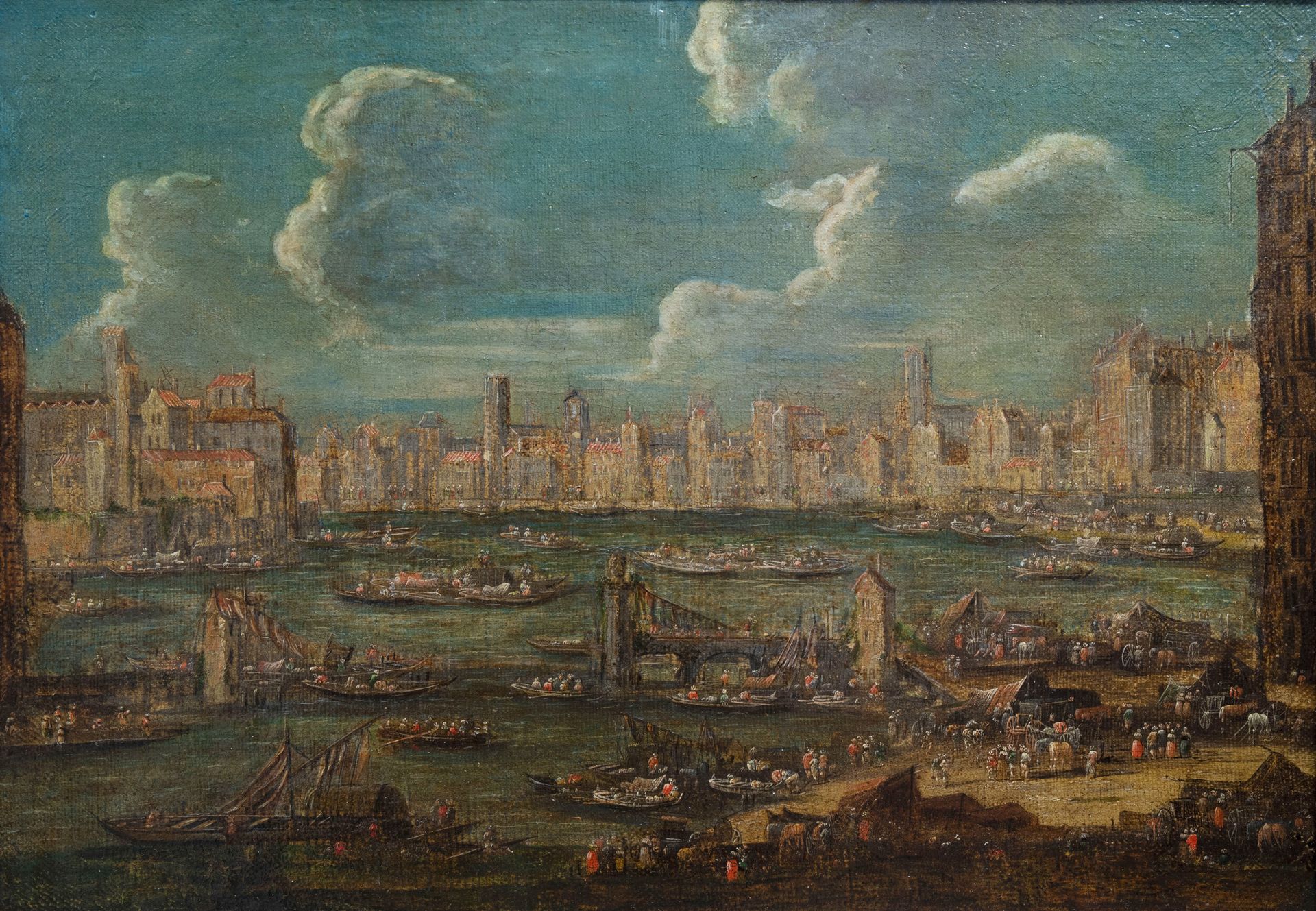 Flemish school, attributed to Peter Casteels II (ca. 1650-1701): Harbor view, 17th/18th C.