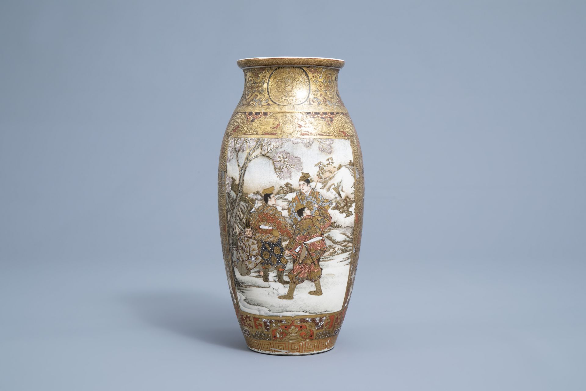 A Japanese Satsuma vase with figures and a samurai in a landscape, Meiji, 19th C. - Image 2 of 7