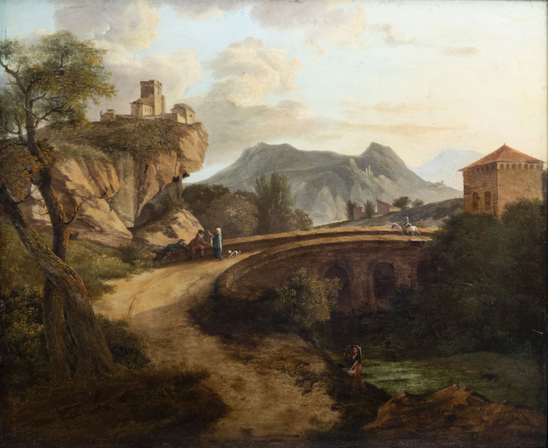 Italian school: An animated landscape, oil on panel, ca. 1800