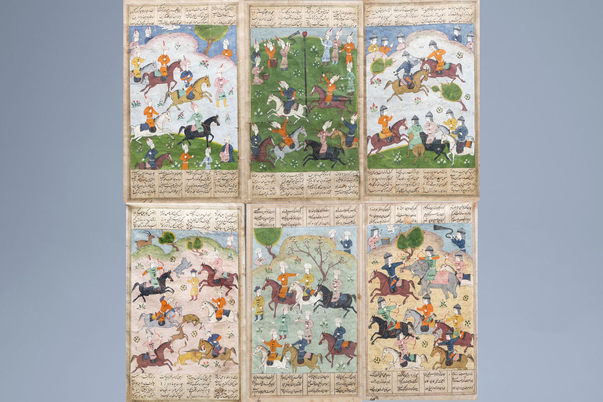 Six large Persian miniature paintings depicting hunting, tournament and war, Iran, 19th/20th C.