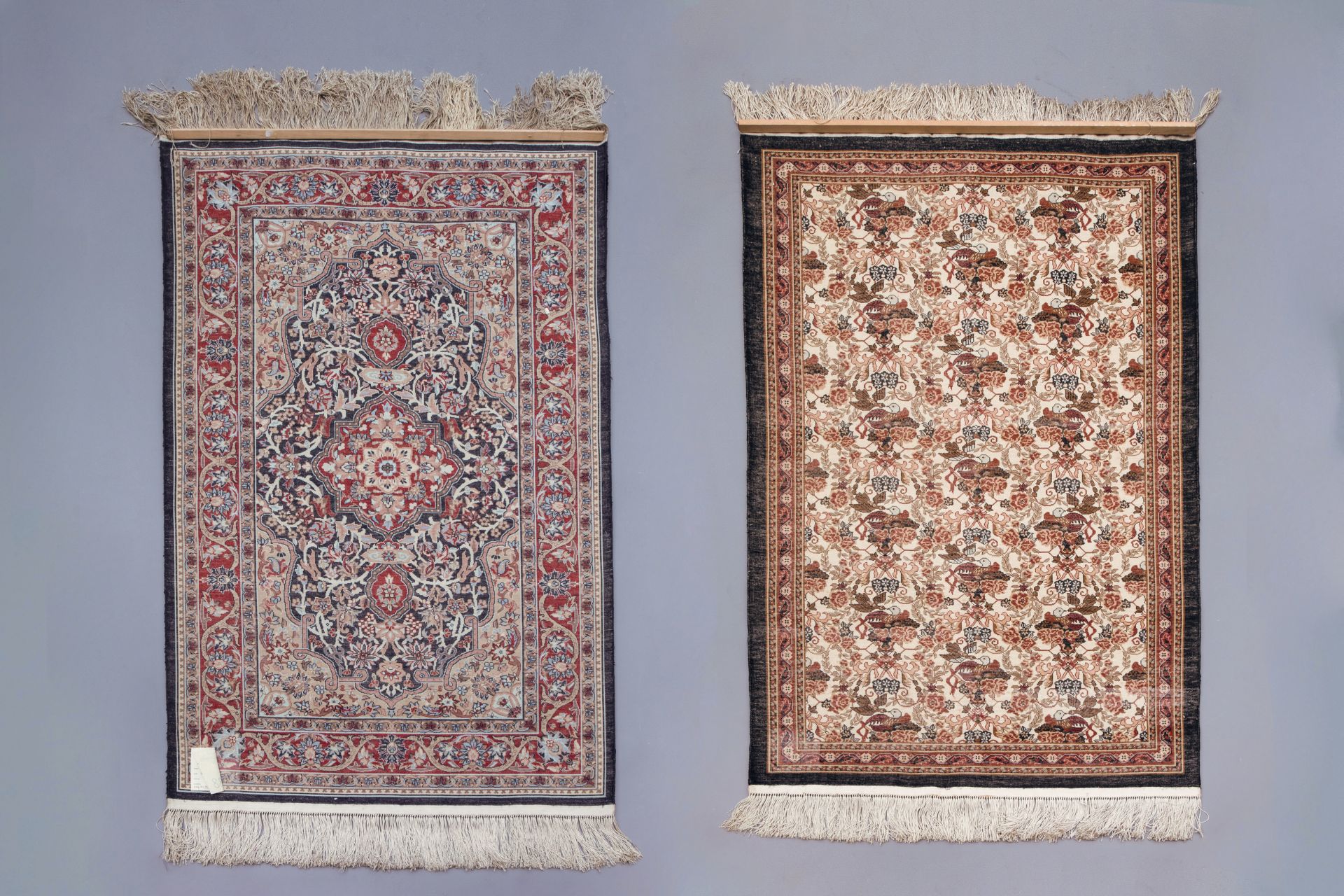 Two Oriental rugs with floral design, silk on cotton, 20th C. - Image 2 of 4