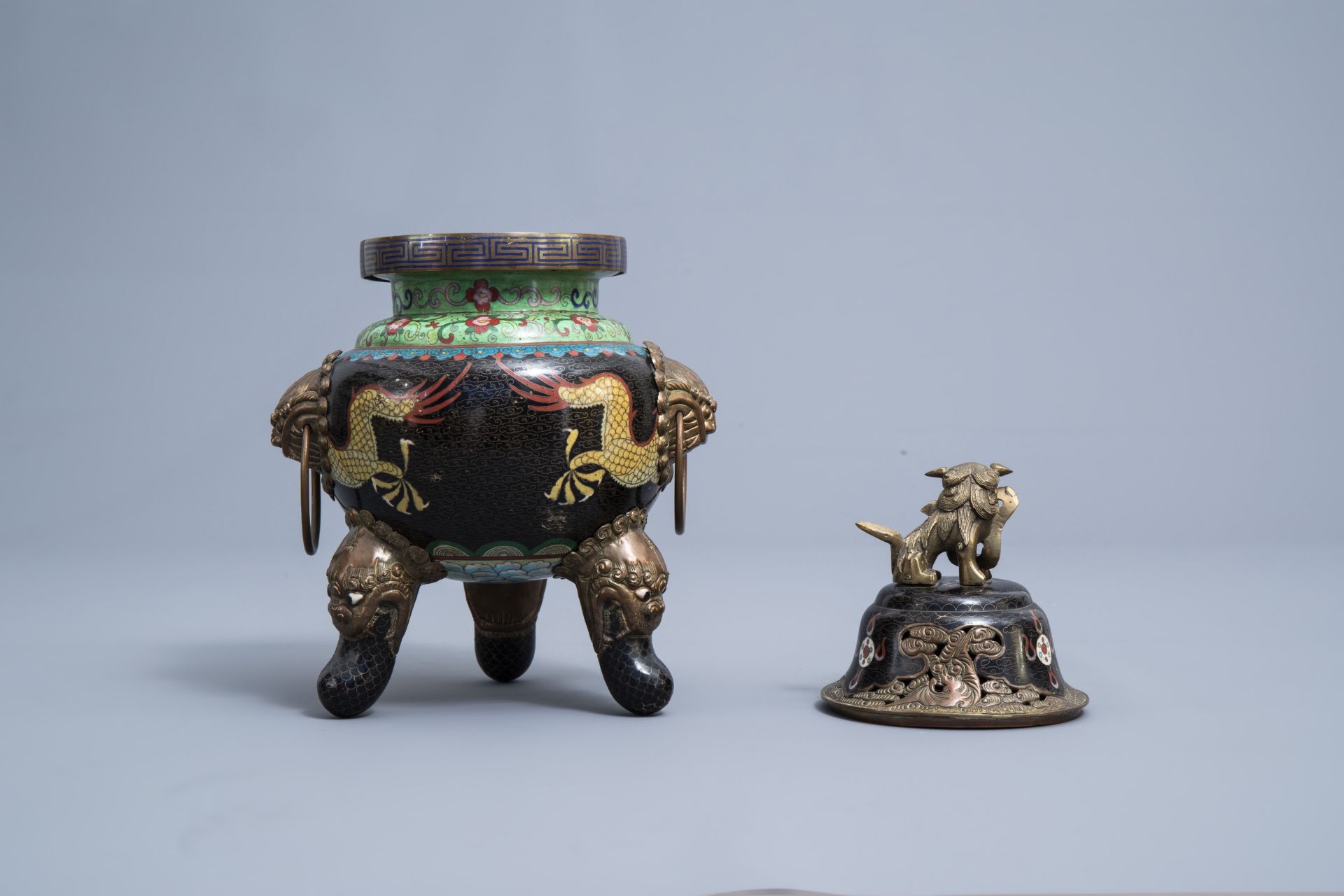 A Chinese cloisonne incense burner and two pairs of vases with dragon design, 20th C. - Image 10 of 19