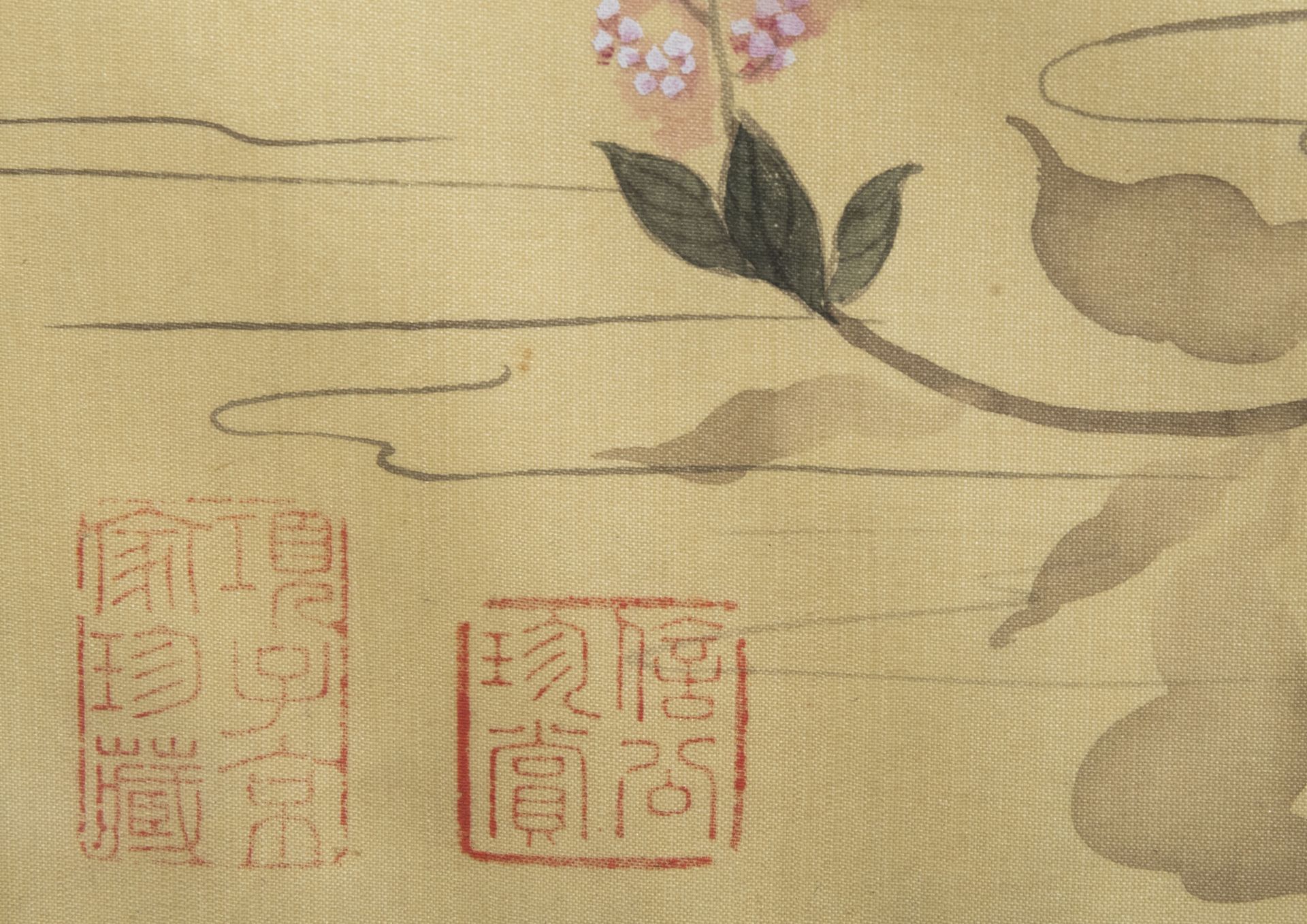 Chinese school, ink and colours on silk, 19th/20th C.: Ten paintings of birds between blossoms - Image 33 of 62