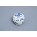 A Chinese blue and white box and cover with a mythical animal, Ming
