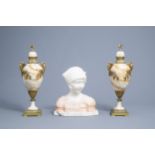 A pair of gilt mounted neo classicist marble cassolettes and a girl's bust, 19th/20th C.