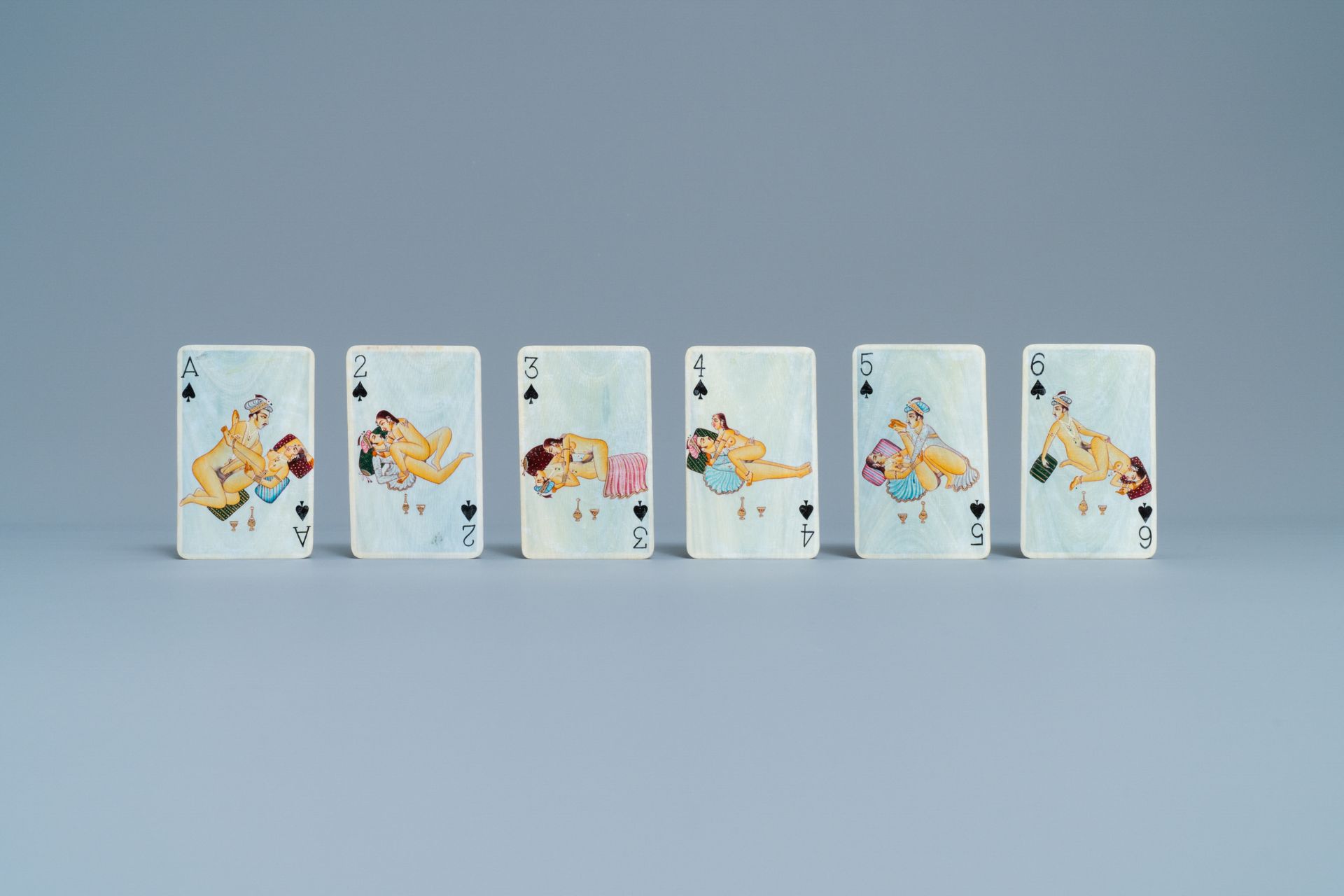 A complete playing cards set with erotic miniatures on ivory, India, early 20th C. - Image 2 of 17