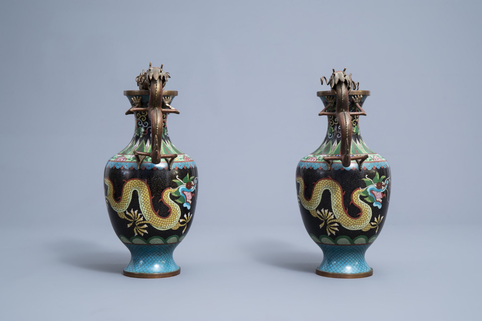 A Chinese cloisonne incense burner and two pairs of vases with dragon design, 20th C. - Image 3 of 19