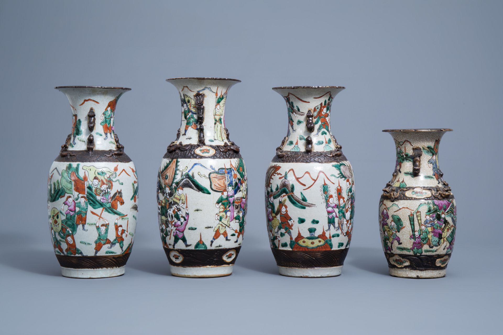 Seven various Chinese Nanking crackle glazed famille rose and verte vases, 19th/20th C. - Image 5 of 13