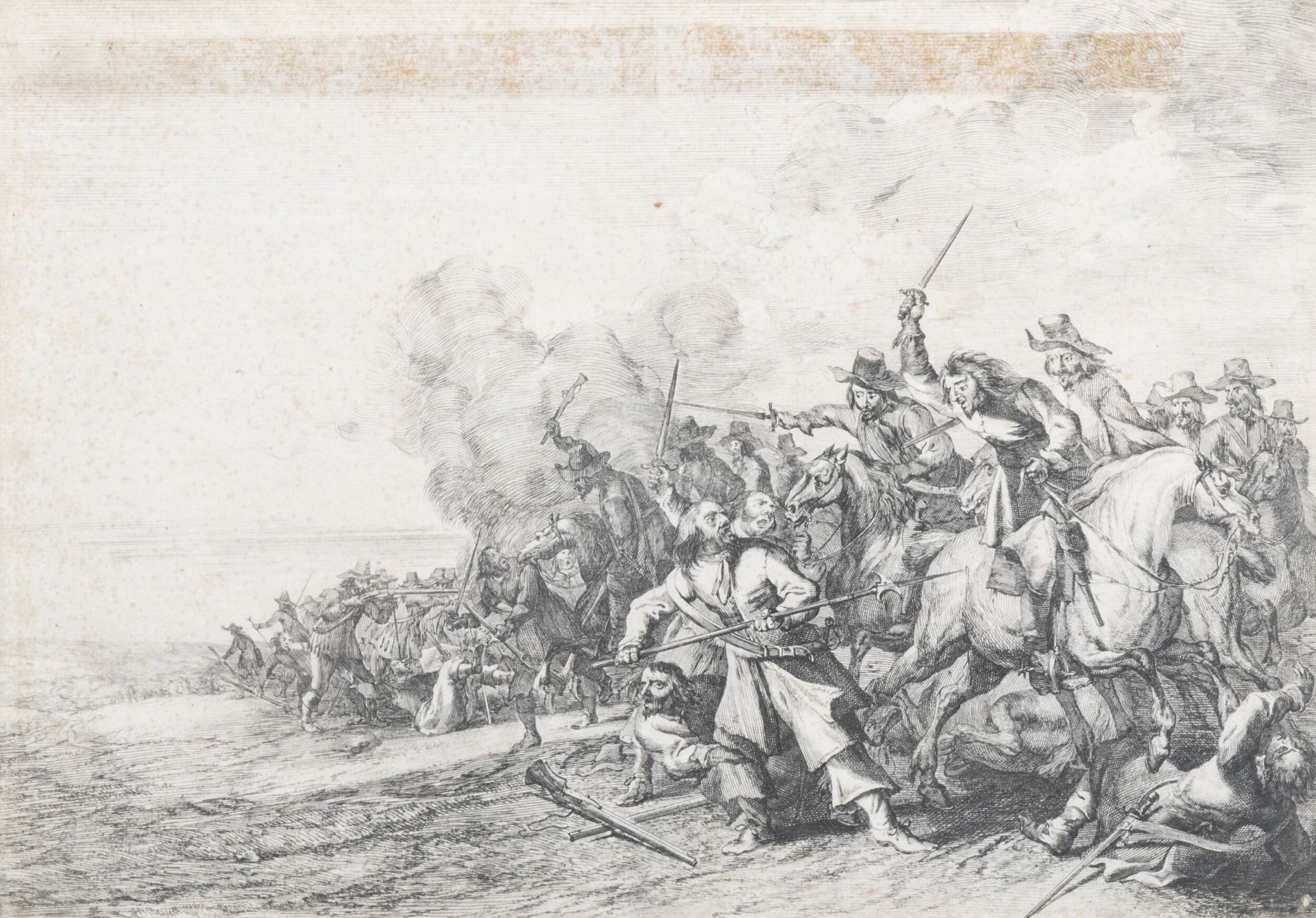 Flemish or Dutch school: The battle scene, etching, 17th C.
