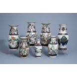 Seven various Chinese Nanking crackle glazed famille rose and verte vases, 19th/20th C.