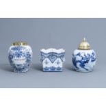A Dutch Delft blue and white tobacco jar, a French jardinire and a Chinese ginger jar, 18th C.