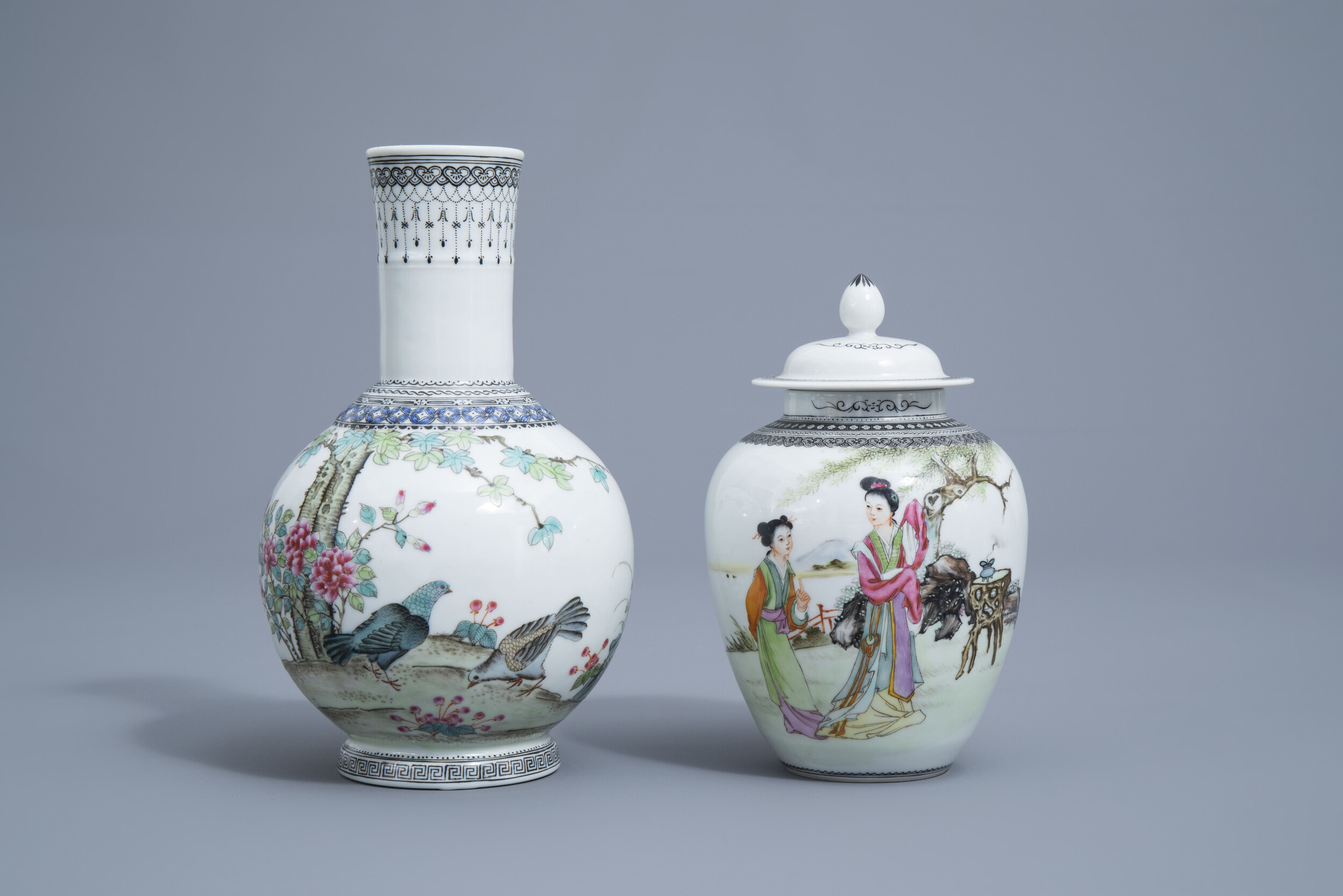 A Chinese famille rose vase with pigeons and a vase and cover with ladies, Republic, 20th C.