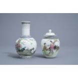 A Chinese famille rose vase with pigeons and a vase and cover with ladies, Republic, 20th C.