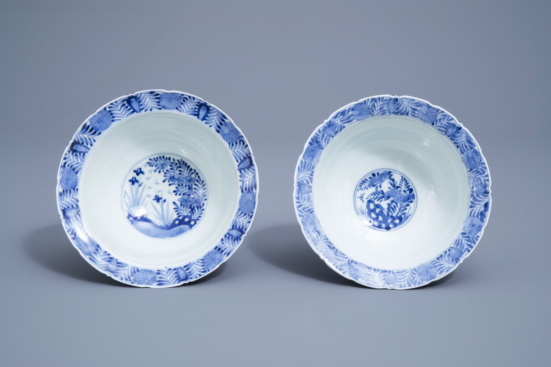 Two Japanese blue and white Arita bowls with floral design, 19th C.