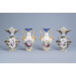 Two pairs of French polychrome and gilt decorated old Paris porcelain vases, 19th C.