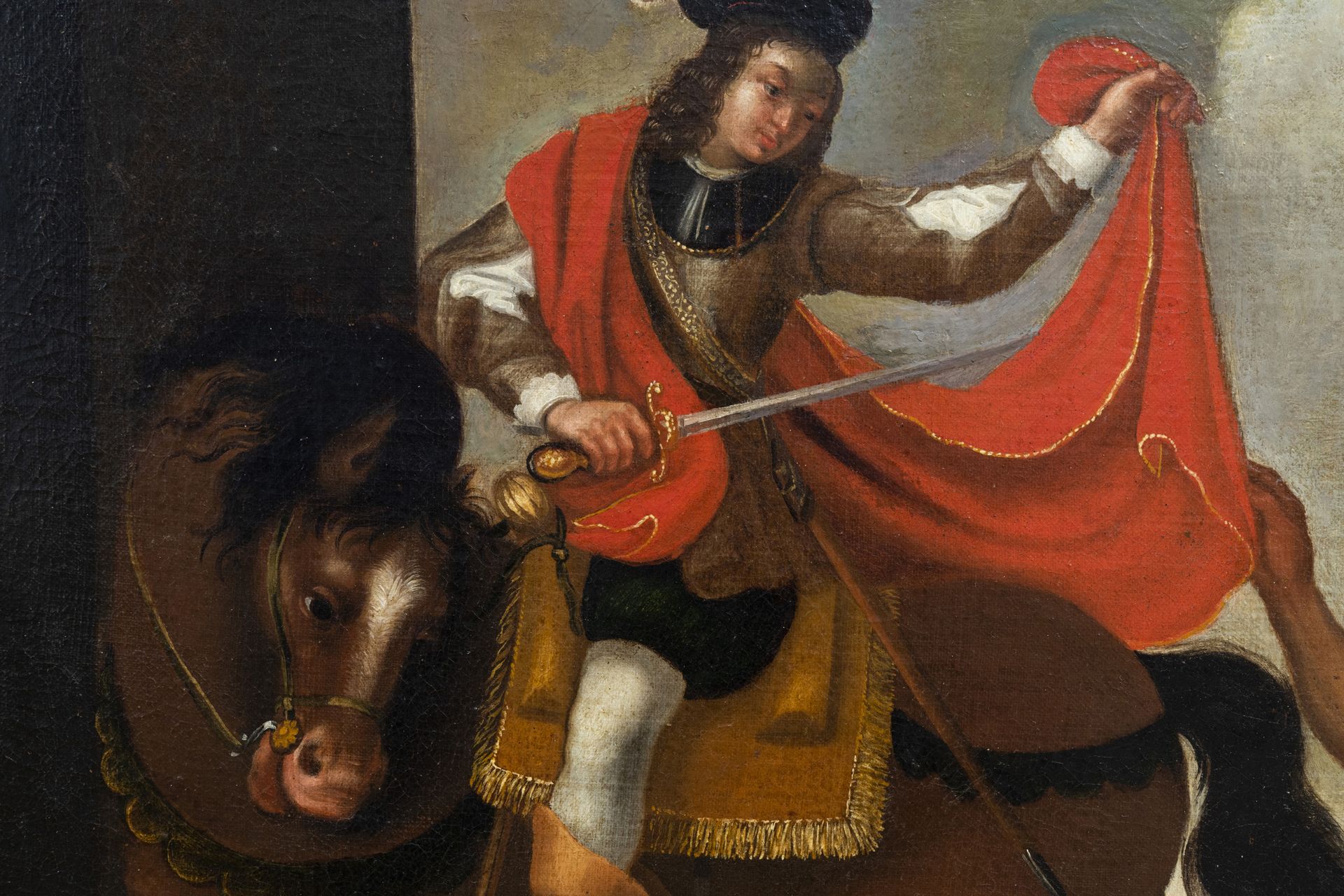 Flemish school: Saint Marten dividing his cloak, oil on canvas, 17th C. - Image 4 of 5