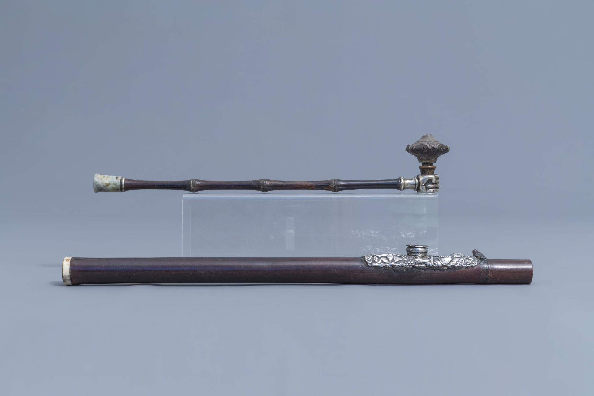 Two Chinese bamboo opium pipes finished with silver, jade, ivory and stoneware, 19th C. - Image 2 of 8