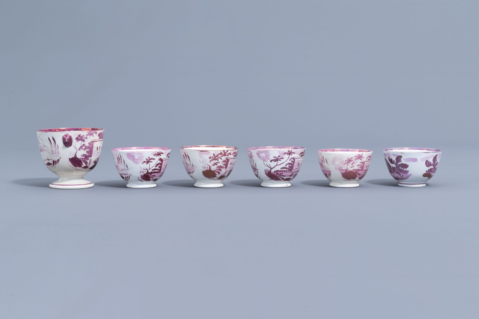 A varied collection of English pink lustreware items with a cottage in a landscape, 19th C. - Image 13 of 50