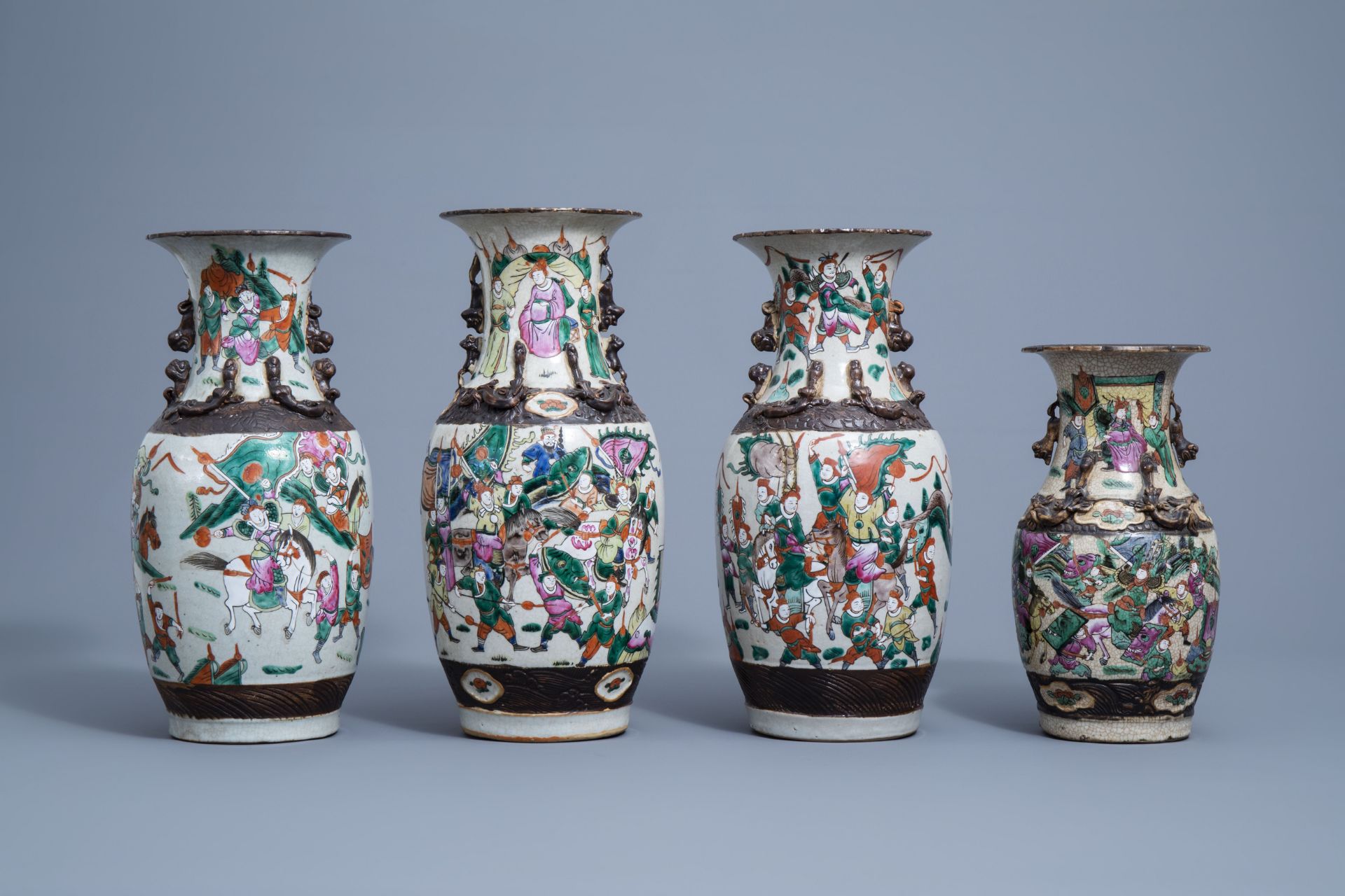 Seven various Chinese Nanking crackle glazed famille rose and verte vases, 19th/20th C. - Image 4 of 13