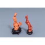 Two Chinese carved red coral figures of a lady, 19th/20th C.