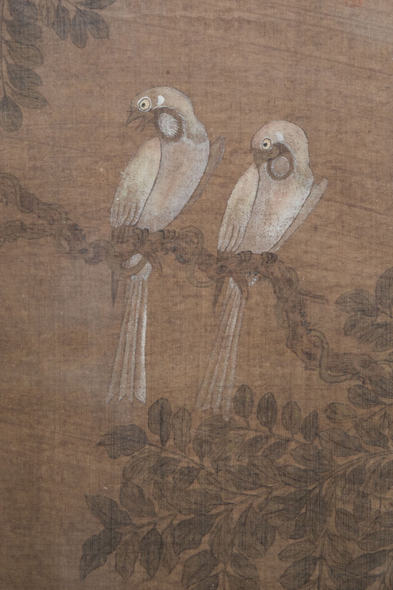 Chinese school, ink and colours on silk, 19th C.: Birds among flowery branches - Image 4 of 6