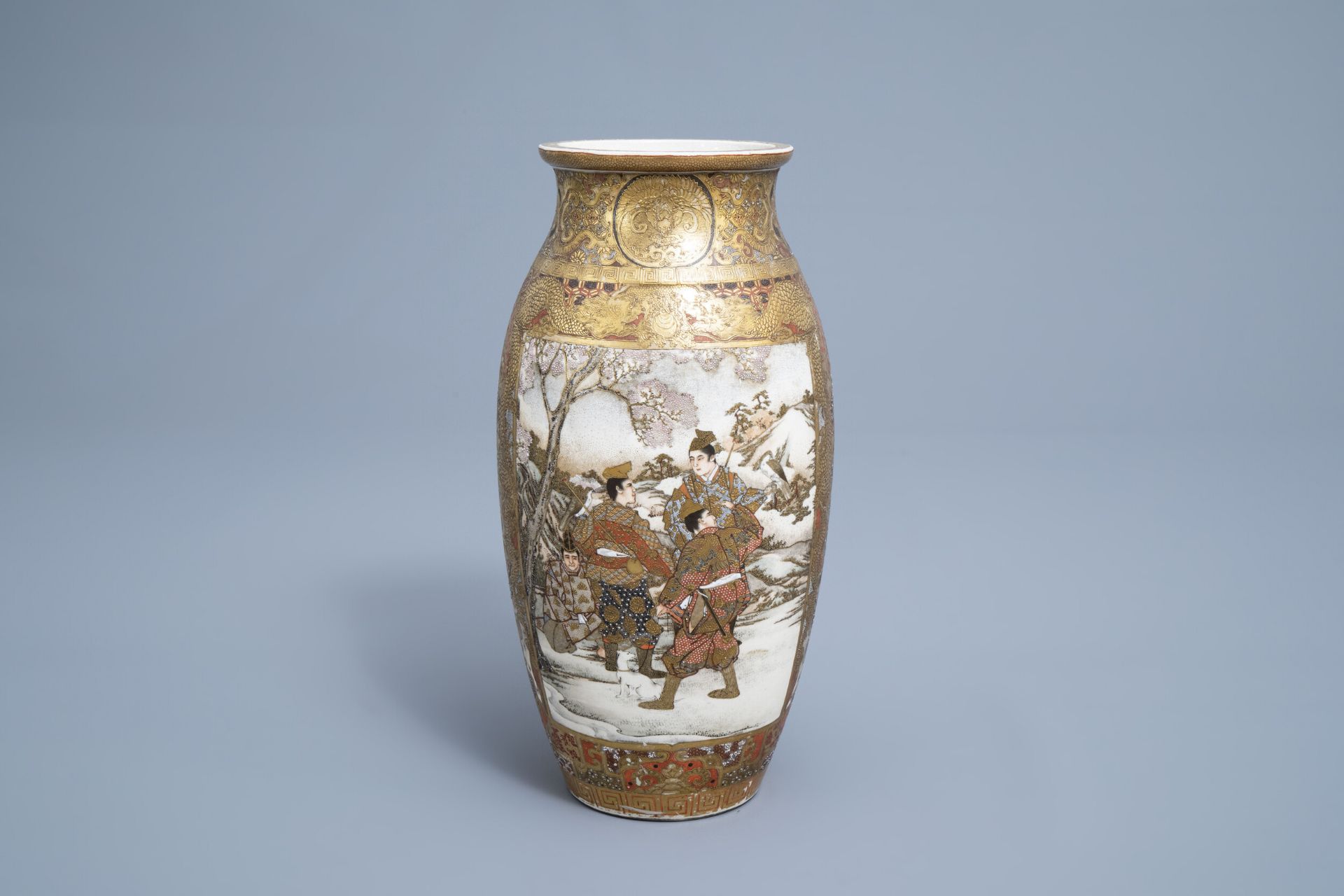 A Japanese Satsuma vase with figures and a samurai in a landscape, Meiji, 19th C.