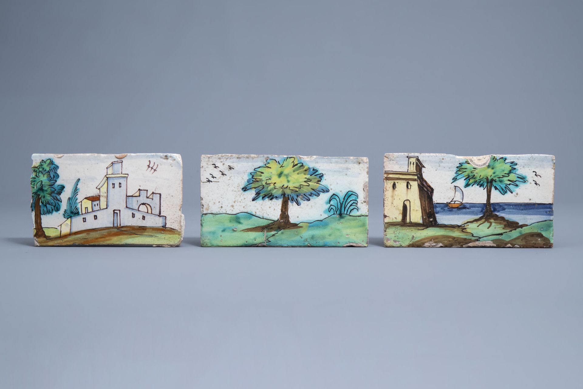 Three polychrome Spanish border tiles with landscapes, Talavera, 18th C. - Image 2 of 16