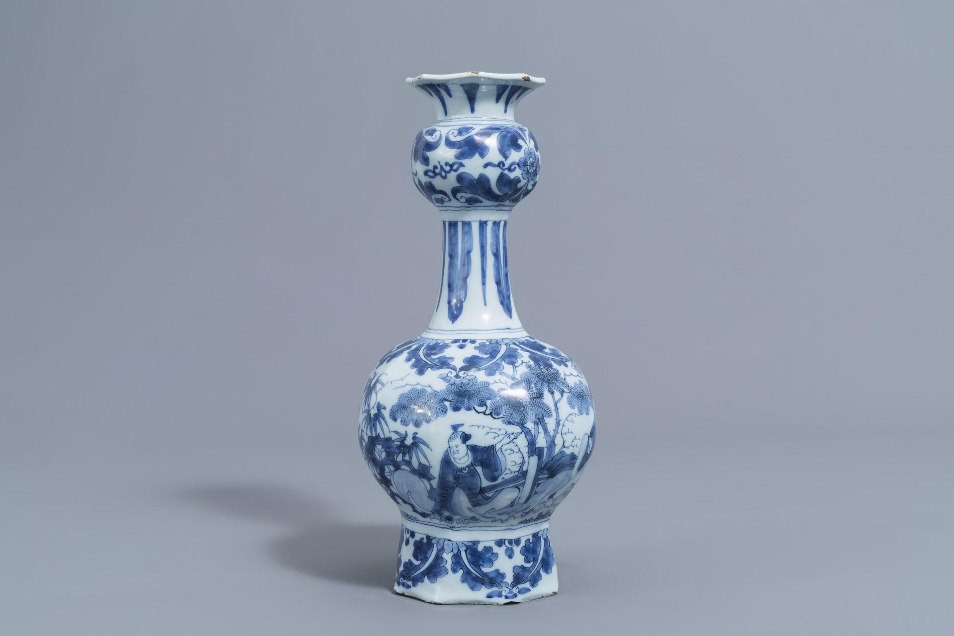 A Dutch Delft blue and white 'chinoiserie' garlic neck bottle vase, late 17th C. - Image 2 of 6