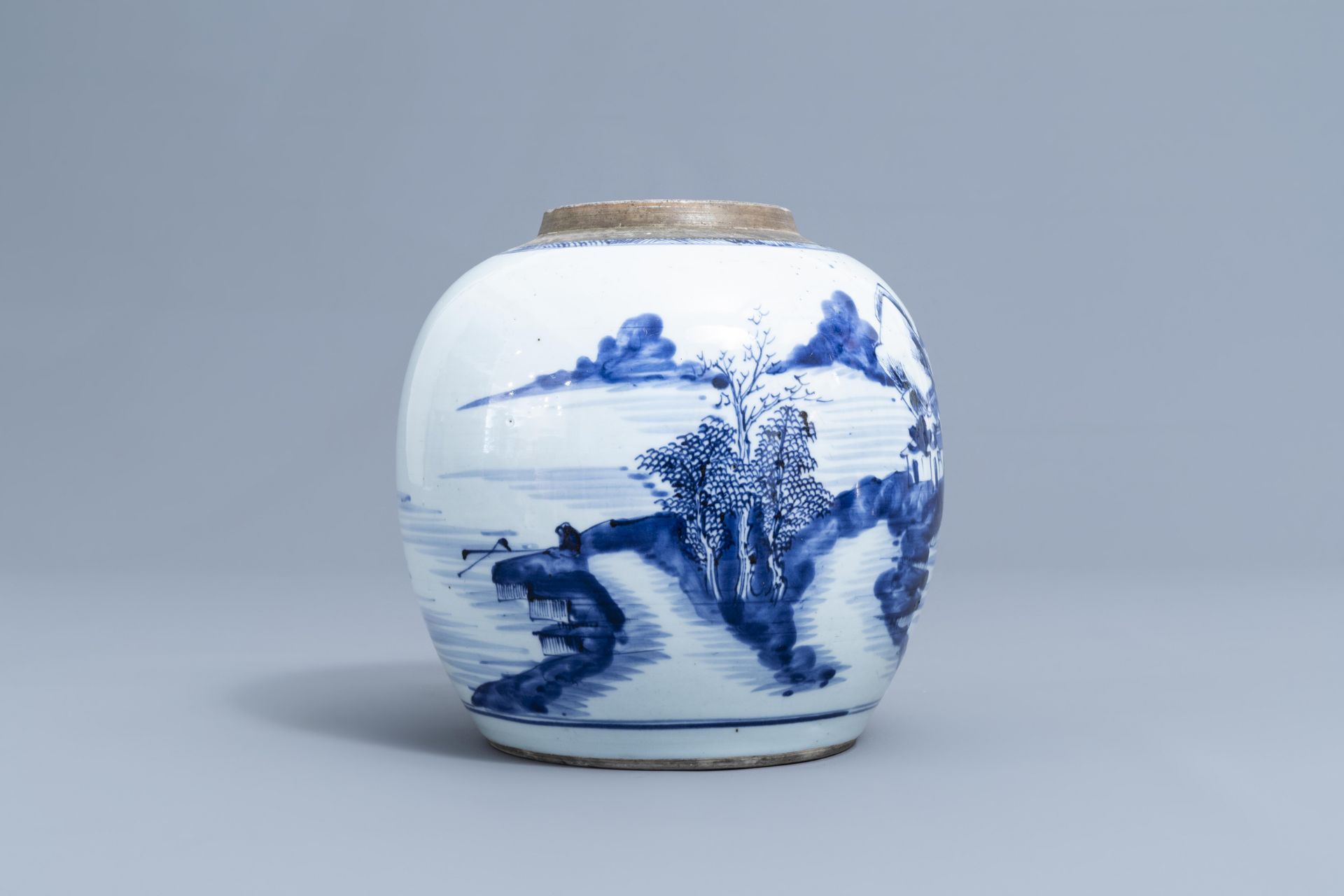 A Dutch Delft blue and white tobacco jar, a French jardinire and a Chinese ginger jar, 18th C. - Image 18 of 38