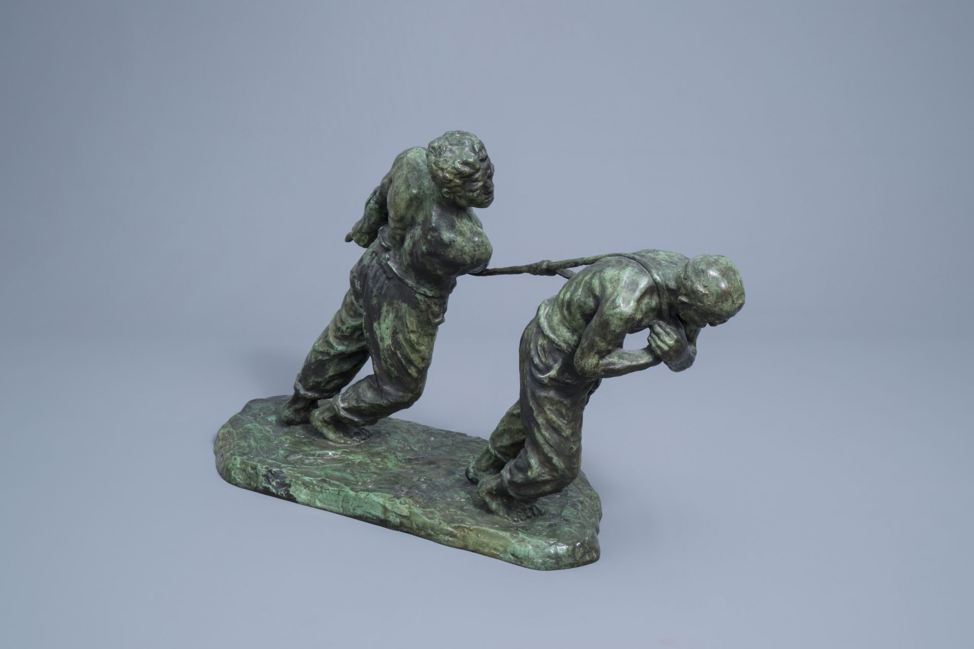 Victor Demanet (1895-1964): 'Les haleurs', green patinated bronze - Image 2 of 11