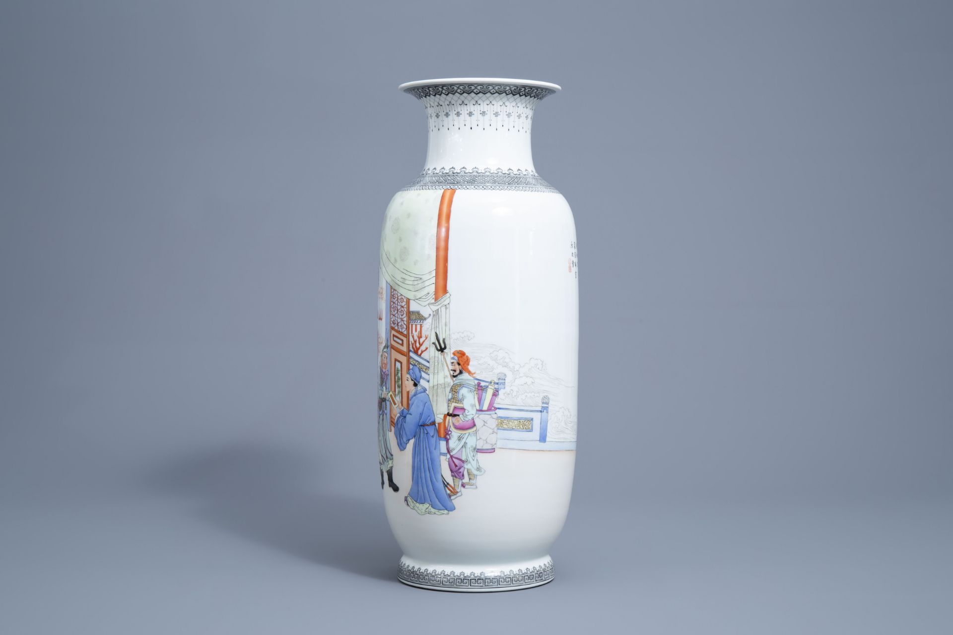 A Chinese famille rose vase with a narrative scene, Qianlong mark, Republic, 20th C. - Image 4 of 6