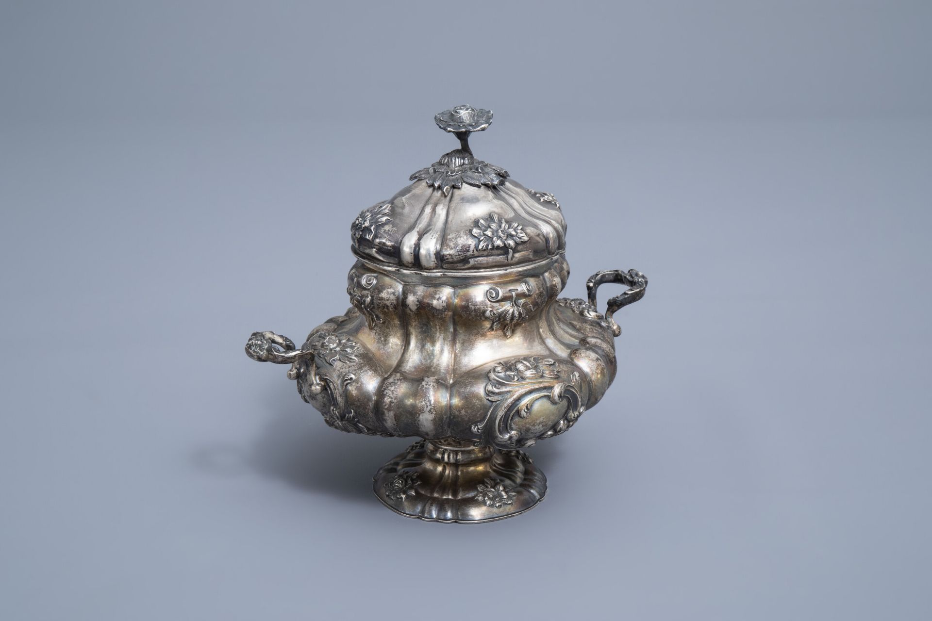 A Belgian silver sugar bowl with relief design, mark Wolfers, 833/000, Brussels, 19th C.