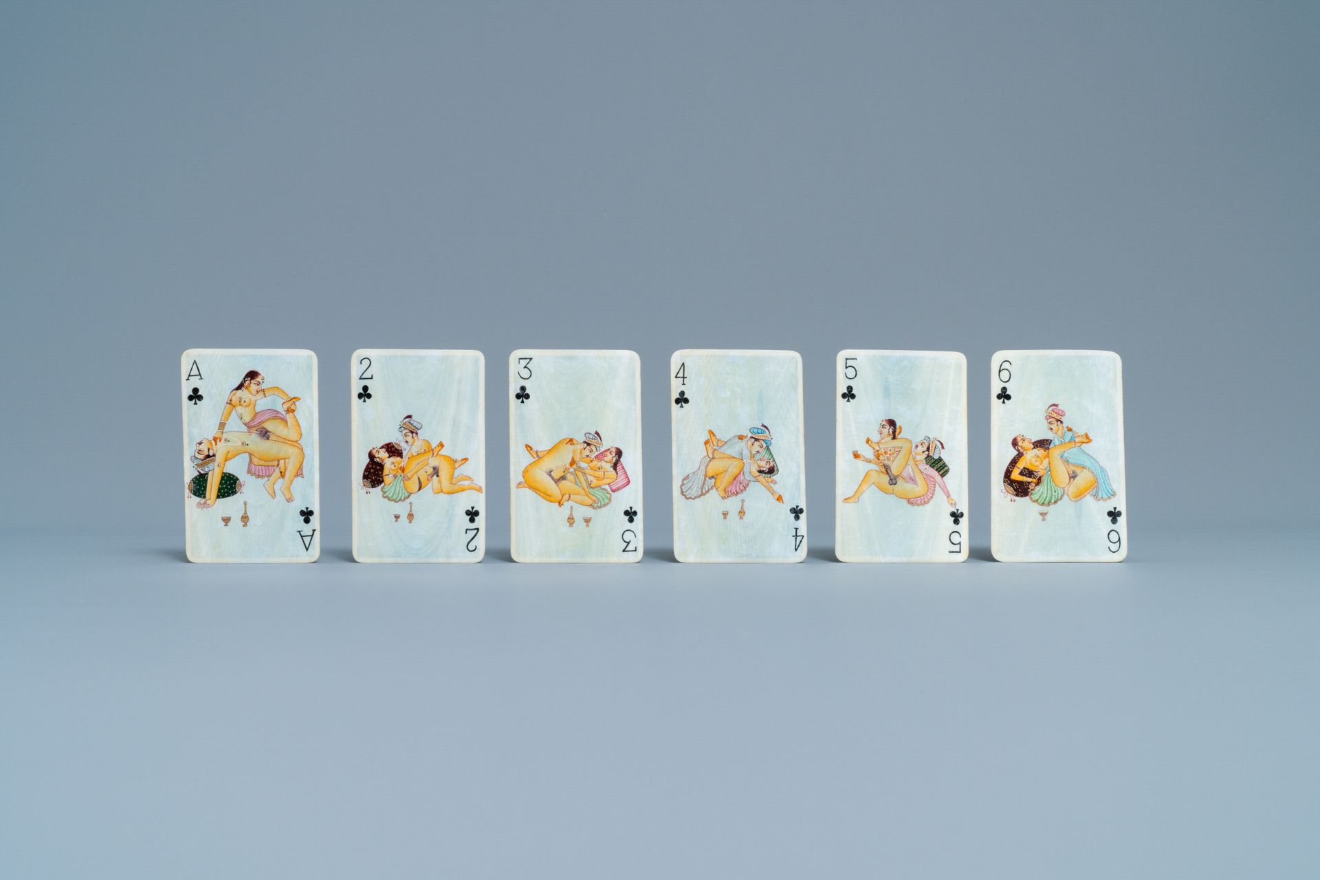 A complete playing cards set with erotic miniatures on ivory, India, early 20th C. - Image 10 of 17
