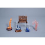 Five various Chinese lapis lazuli, coral, quartz and wood carvings, 19th/20th C.