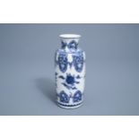 A Chinese blue and white rouleau vase with floral design, Kangxi