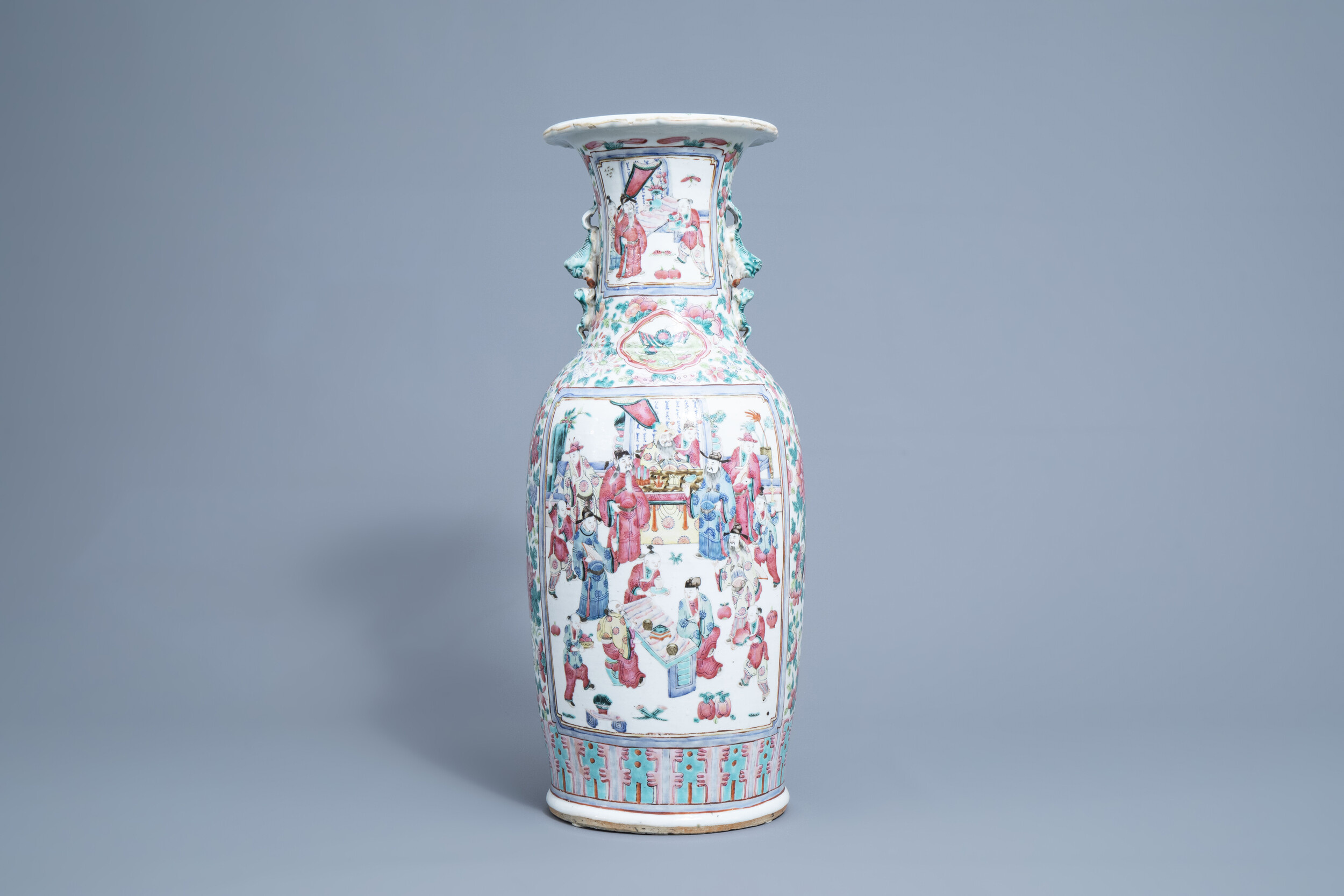 A Chinese famille rose vase with figurative and floral design, 19th C.