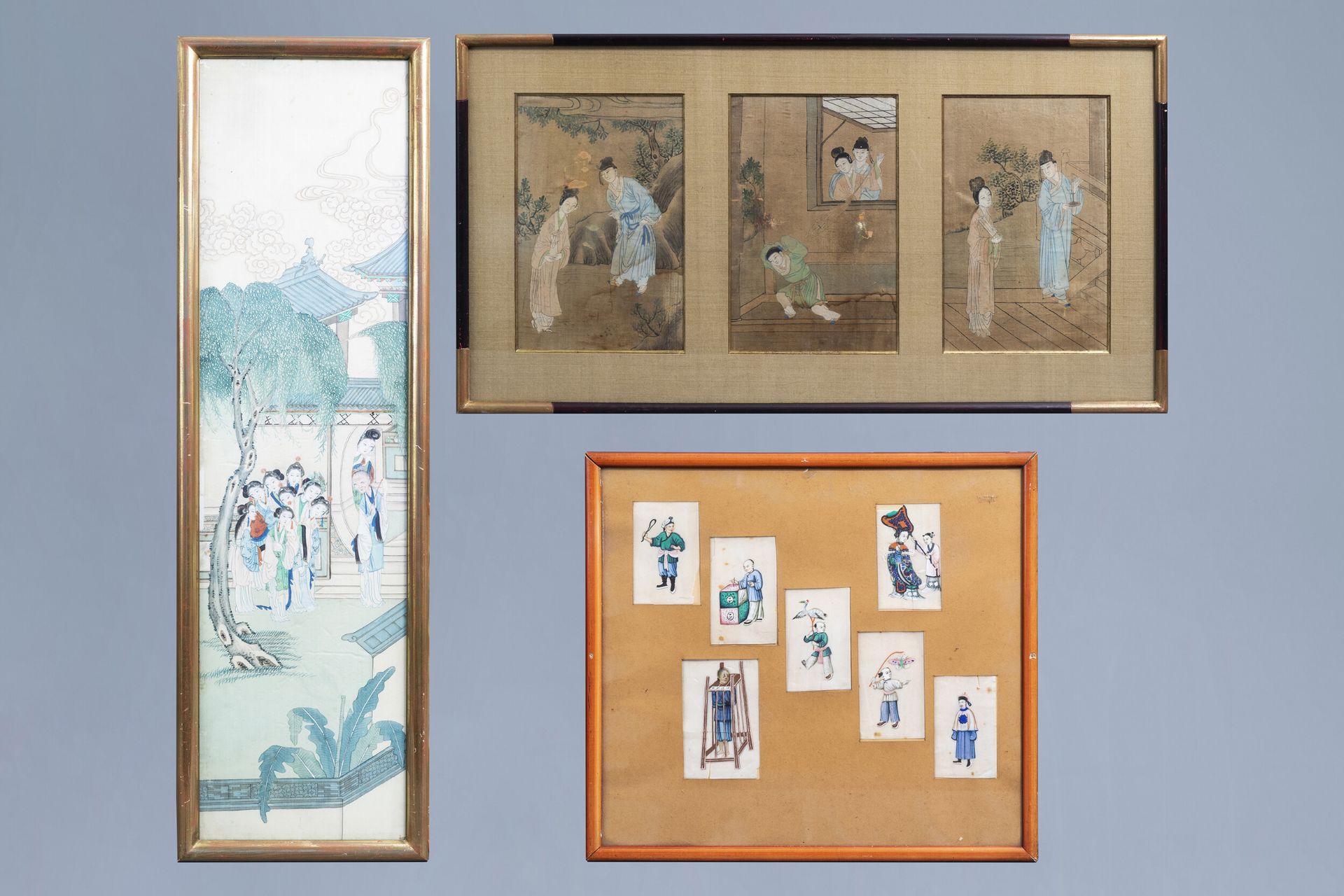 Chinese school, ink and colours on silk and pith paper, 18th/19th C.: Various paintings with figures