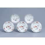 Five Chinese famille rose plates with birds and chickens among blossoming branches, Qianlong