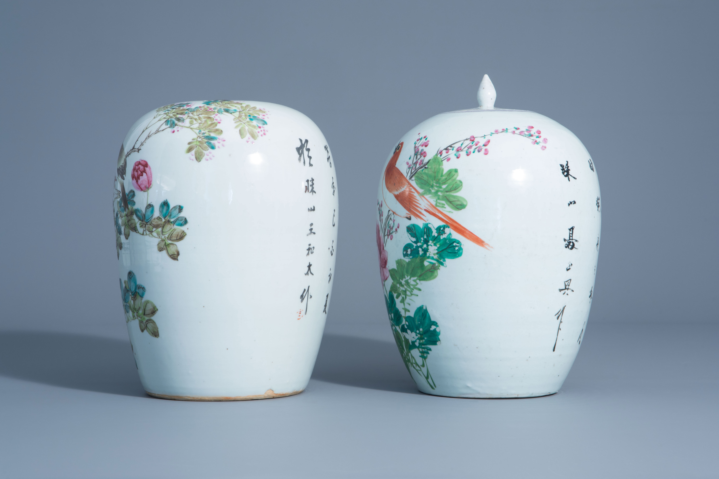 Two Chinese qianjiang cai jars with birds among flower branches, 19th/20th C. - Image 4 of 6
