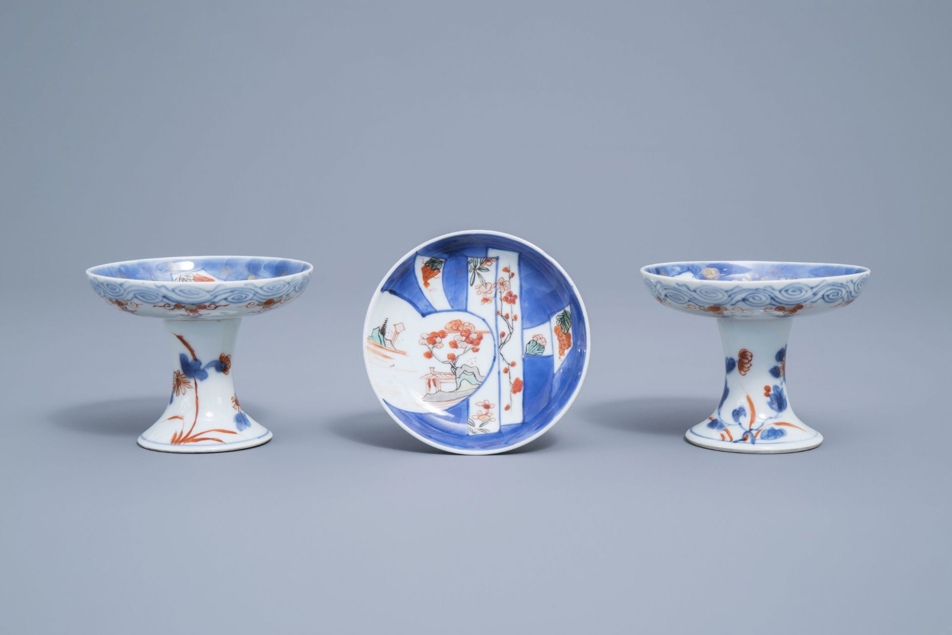 Three Chinese verte-Imari stem cups, Kangxi