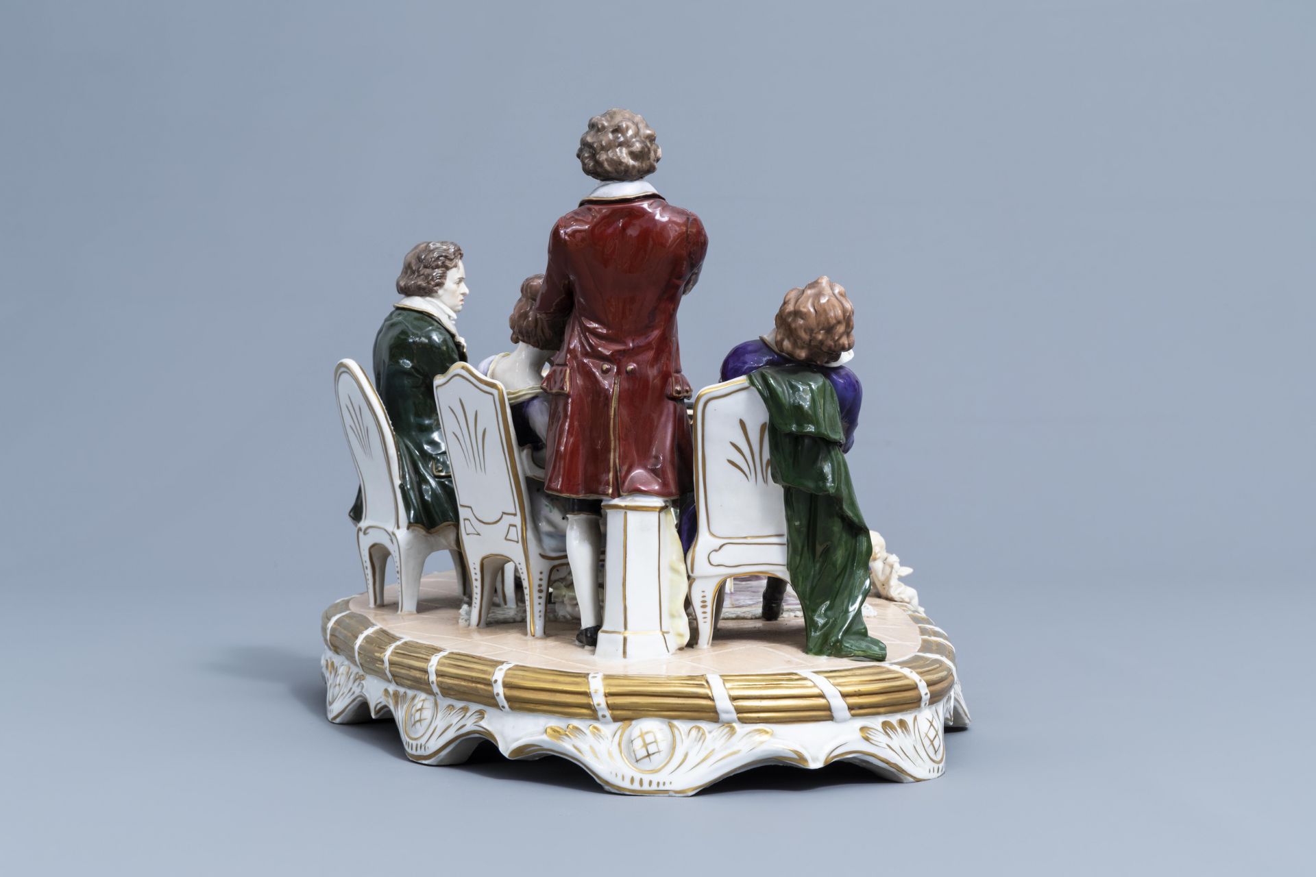 A group with a piano concerto in polychrome decorated Saxon porcelain, Sitzendorf mark, 20th C. - Image 7 of 14