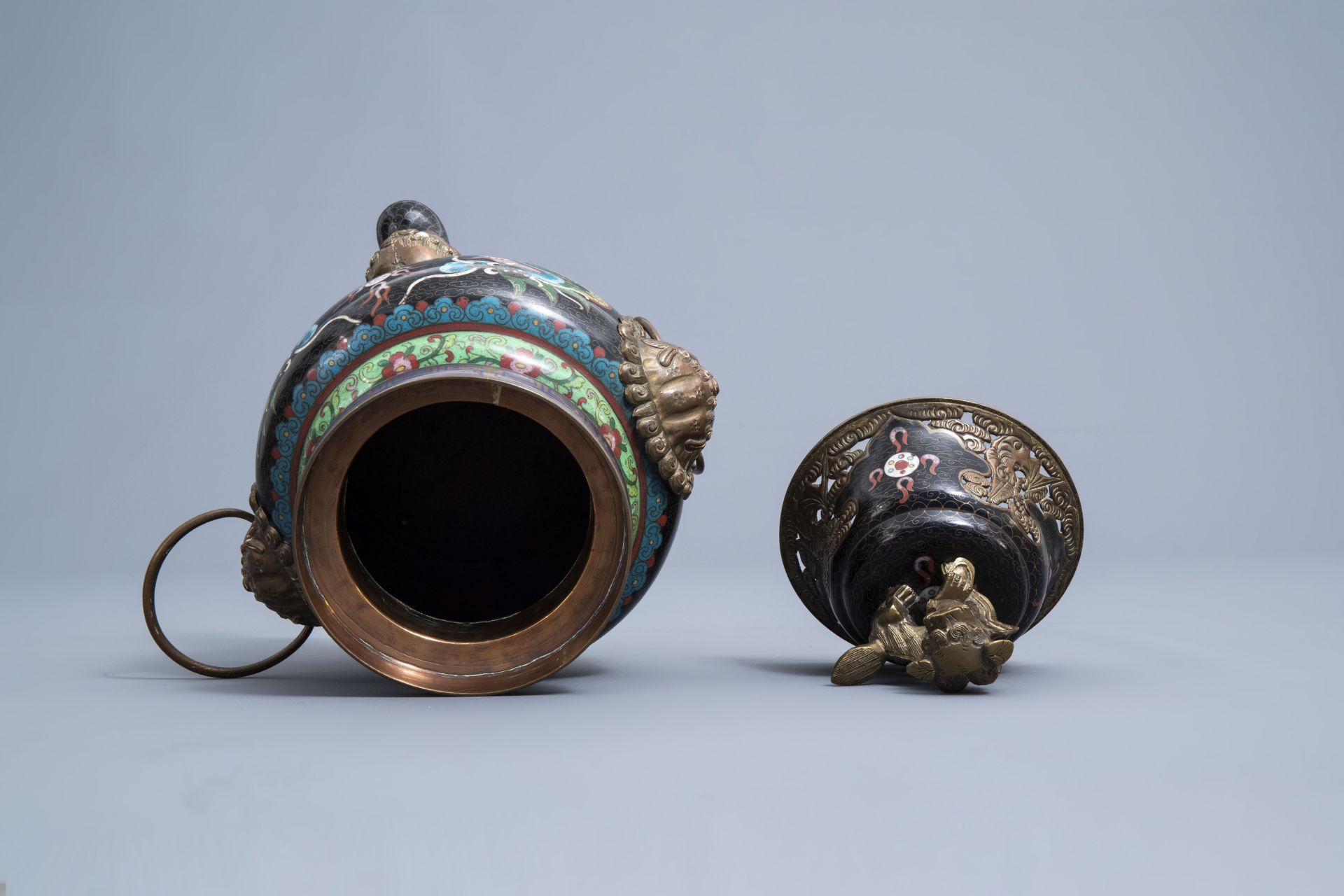 A Chinese cloisonne incense burner and two pairs of vases with dragon design, 20th C. - Image 12 of 19