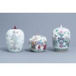 Three various Chinese famille rose ginger jars and jars and covers, 19th/20th C.