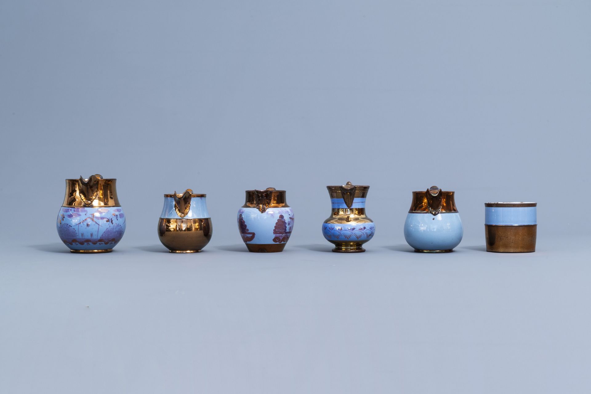 A varied collection of English lustreware items with blue design, 19th C. - Image 46 of 50