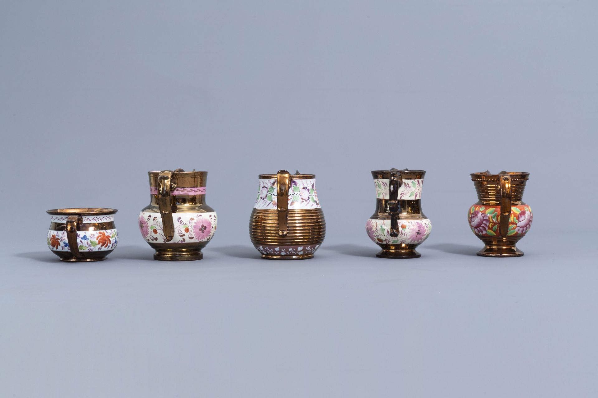 A varied collection of English lustreware items with polychrome floral design, 19th C. - Image 10 of 64