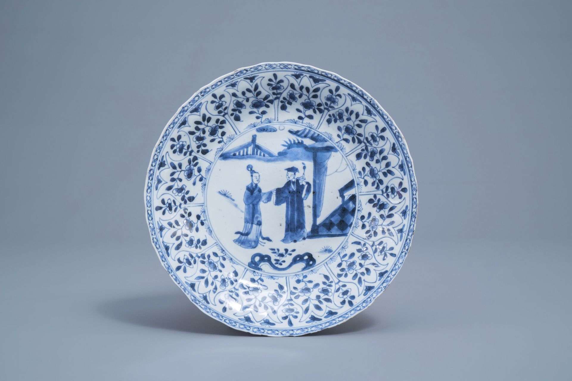 A Chinese blue and white 'Romance of the Western Chamber' plate, Kangxi